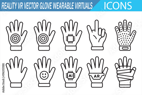 Hand drawn VR gloves icons set with wearable technology and gesture control
