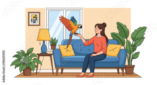 Young woman sits on her living room sofa and interacts with a beautiful large parrot perched on her hand.
