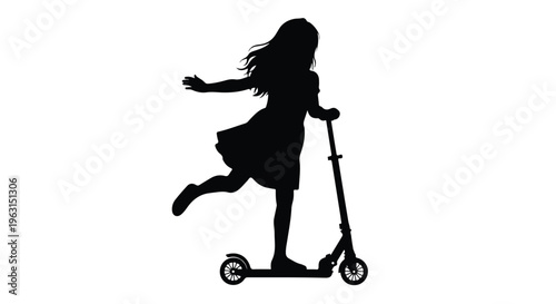 Silhouette of a young girl riding a scooter with one leg lifted, against a clean white background.
