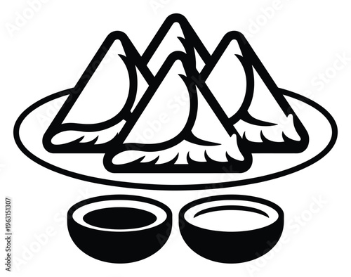 Stylized of Samosas and Dipping Sauces on a Plate