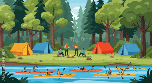 Happy people enjoy various outdoor activities by camping in tents and kayaking on a river surrounded by a lush green pine forest.