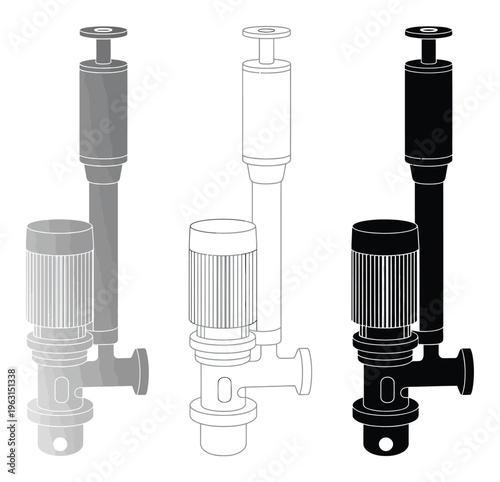 Technical of a Vertical Pump with Motor in Gray, Outline, and Black