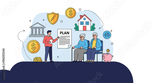 Strategic retirement planning for senior citizens involves a financial advisor discussing investments, bank savings, and insurance.