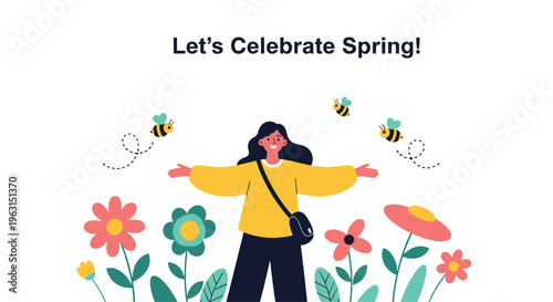 Happy young woman celebrates the arrival of spring in a field of blooming flowers with friendly bees flying in the bright sunny air.