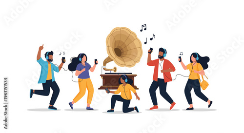 Diverse group of friends enjoy a retro dance party while listening to music from a classic gramophone player in a modern room.