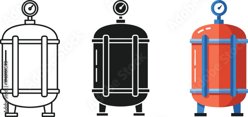 Industrial pressure tank icon, gas cylinder vector set, flat color and black silhouette symbols of storage vessel, boiler, compressor, valve.