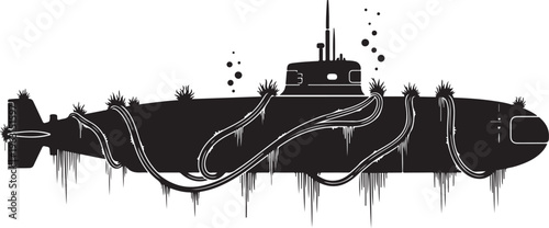 Black submarine with seaweed and bubbles on white background