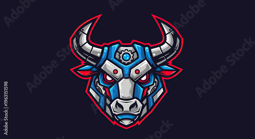 Cybernetic Robot Bull Mascot Logo Illustration, Mechanical Ox Head with Futuristic Armor for Esports and Gaming Team Branding
