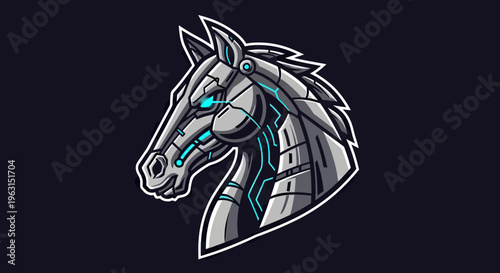 Cybernetic Robotic Horse Head Mascot Logo for Esports and Sci-Fi Gaming Illustration