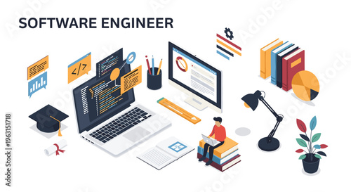 Professional software engineer works at a desk filled with coding books and computers to develop new digital mobile applications.