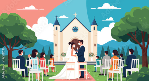 Wedding ceremony takes place outdoors with a couple and their guests wearing face masks to follow social distancing safety protocols.