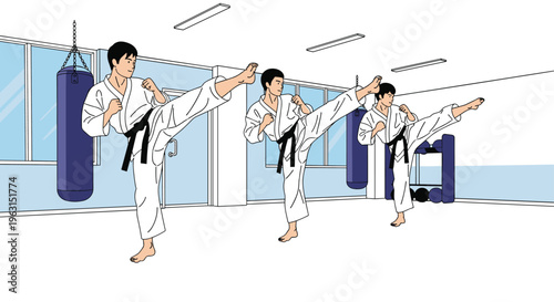 Martial arts students practice high karate kicks in a dojo gym to build physical fitness and mental discipline skills together.