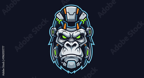 Cybernetic Gorilla Mascot Logo Design, Robotic Ape Head with Armor and Glowing Eyes for E-sports and Gaming Teams
