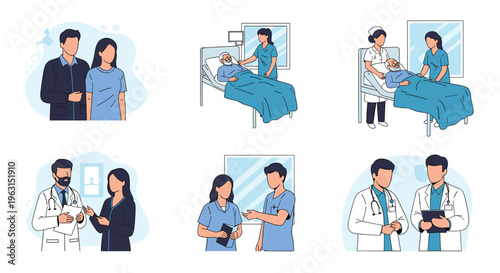 Professional collage of medical scenes show doctors and nurses providing healthcare to elderly patients in a hospital setting.
