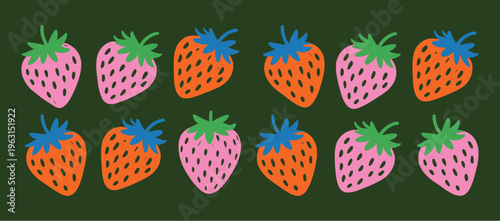 Flat pattern of stylized pink and orange strawberries with green and blue leafy stems arranged in two rows on a dark olive green background