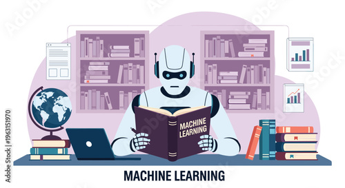 Intelligent robot sits at a desk in a library and reads a thick book about machine learning to improve its processing algorithms.