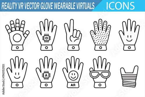 Hand drawn VR gloves and wearable technology icons set, doodle style virtual reality hand tracking gesture control smart gloves augmented reality and digital interaction symbols