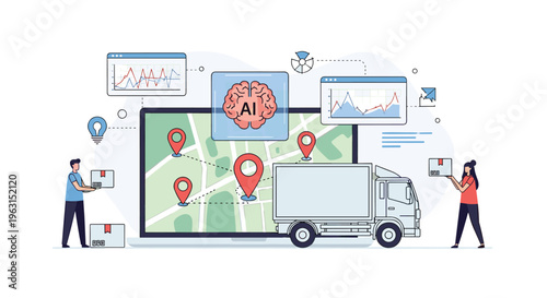 Artificial intelligence technology optimizes logistics and delivery services with smart route planning and data analysis on a digital map.