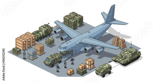 Military cargo aircraft is loaded with armored vehicles and supply crates at an airfield in a detailed isometric pixel art illustration.