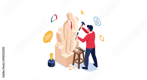 Skilled artist uses a hammer and chisel to sculpt a professional businessman figure from a block of stone in an isometric creative concept.