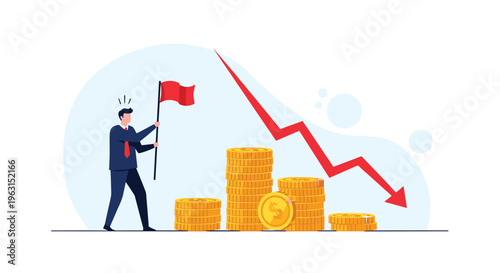 Worried businessman holding a red flag stands next to stacks of gold coins as a red arrow shows a significant downward financial trend.