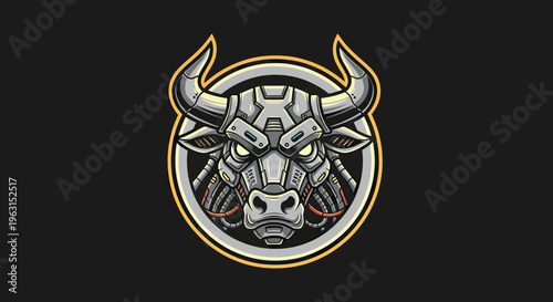 Cybernetic Robotic Bull Head Mascot Vector Illustration, Futuristic Mechanical Bull Icon for Gaming and E-sports