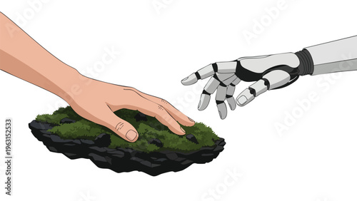Human & Robot Hands Reaching for Green Moss, Future Tech & Nature Concept