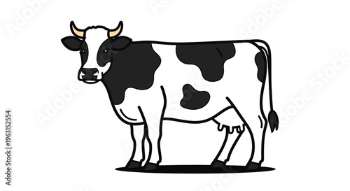 Black and white cow illustration on white background for farm concepts