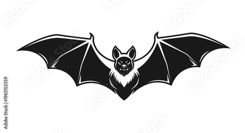 Black bat silhouette with outstretched wings isolated on white background