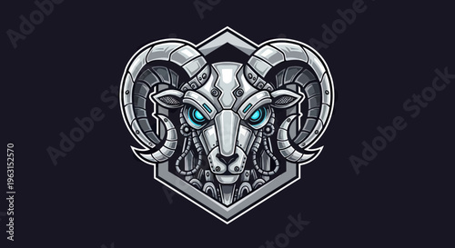 Futuristic Mecha Ram Head Vector Illustration, Robotic Cyborg Aries Mascot with Glowing Blue Eyes for Gaming and Esports Logo