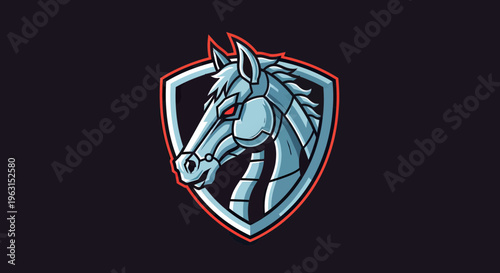 Cybernetic Horse Head Mascot Logo, Futuristic Metallic Stallion Vector Design for Esports, Gaming Teams, and Branding on Shield Background