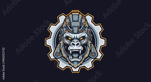 Aggressive Cyborg Gorilla Mascot Logo with Mechanical Gear Frame, Robotic Ape Head for Esports and Gaming Branding
