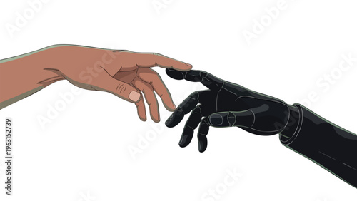 Humanoid Robot Hand Touching Human Finger, AI Technology Concept