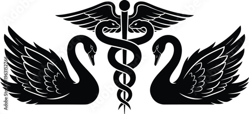 Black and white silhouette illustration of a medical caduceus symbol with snakes and wings, flanked by two graceful swans, representing healthcare, healing, and pharmacy services.