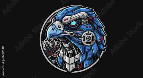 Cybernetic Eagle Head Mascot Illustration, Futuristic Mechanical Bird of Prey with High Tech Circuitry and Armor Details