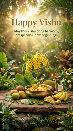 Vishu festival decoration with fruits and flowers in nature