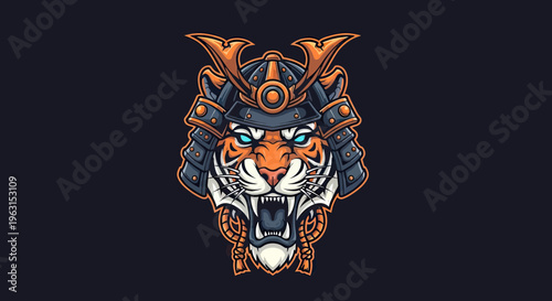 Aggressive Tiger Samurai Mascot Logo, Fierce Tiger Head Wearing Japanese Kabuto Warrior Helmet Vector Illustration