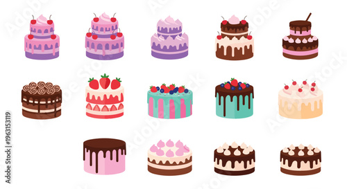 Flat lay of assorted colorful cakes with various frostings and toppings on a plain white background.