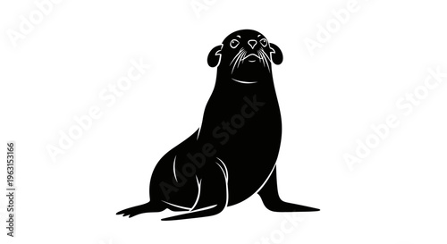 Black silhouette sea lion sitting upright on white background