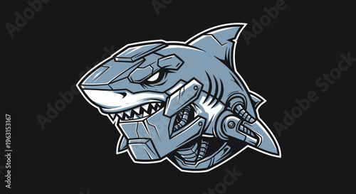 Cybernetic Shark Mascot Vector Illustration, Mechanical Great White Shark Head for E-sports Logo and Gaming Brand Identity
