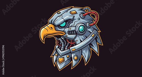 Futuristic Cyborg Eagle Head Mascot Vector Illustration, Mechanical Robotic Bird with Glowing Eyes and Armor for Gaming, Esports, and Sci-Fi Branding
