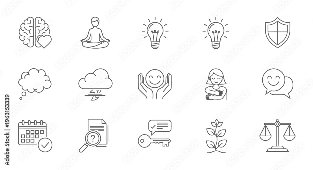 Fototapeta premium Collection of linear icons representing ideas growth and balance silhouette