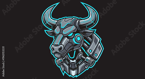 Futuristic Robotic Bull Head Vector Illustration, Cyberpunk Mechanical Bull Mascot with Glowing Blue Lights