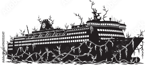 Sunken cruise ship covered in seaweed and coral underwater