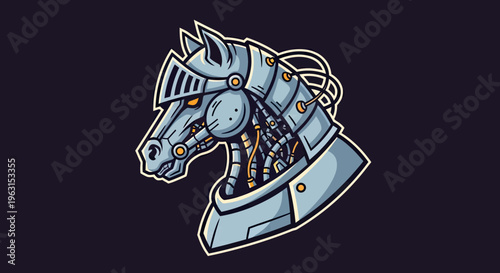 Robotic Horse Head Mascot Illustration with Metallic Armor and Wires, Futuristic Cyborg Stallion Logo for Gaming and Esports
