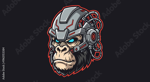 Futuristic Cybernetic Gorilla Head Mascot, Robotic Ape with Glowing Blue Eyes and High-Tech Armor for Esports and Gaming Logo Design