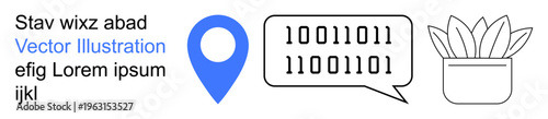 Technology, communication, navigation, coding, data , growth. Binary code in a speech bubble, a map pin icon and a plant in a pot. Technology and communication concepts
