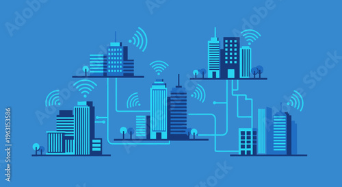 Cityscape with wireless connectivity towers high.