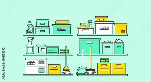 Cleaning supplies on shelves organized.
