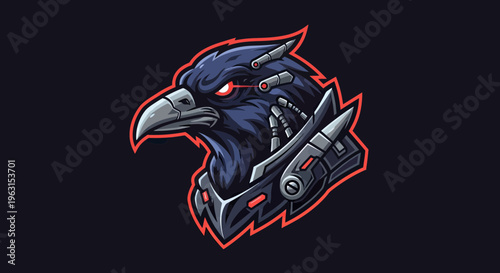 Cybernetic Raven Mascot Logo for Esport and Gaming, Robotic Crow Bird Head Vector Illustration